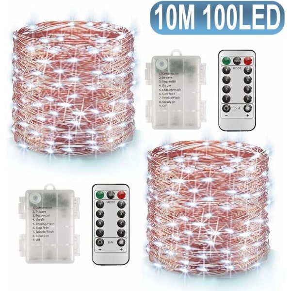 Julbelysning 10 meter 100 lampor H koppartrådsljus 8 lägen Vattentät batterilåda Fjärrkontroll koppartrådsbelysning Vitt ljus 2st