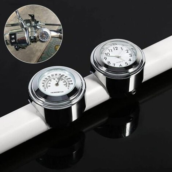 Motorsykkelstyreklokke, 7/8" vanntett Motorsykkelstyremontert digital klokke og termometer Temp hvit