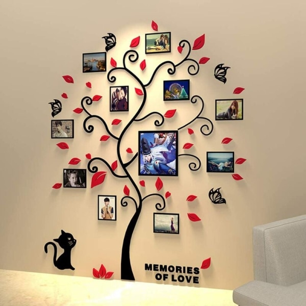 3D Tree Wall Stickers Akryl Avtagbara Wall Stickers 132 x 160 cm med 11 fotoramar, röda löv
