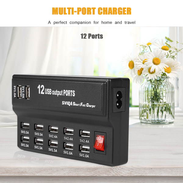 12-ports USB-hub med 5V 10A strømforsyning - Ladestasjon for hjemmet og reiser