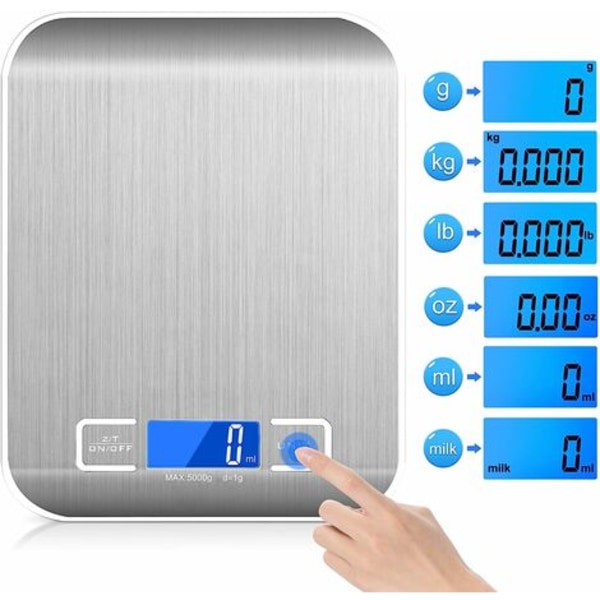 Smart digital kjøkkenvekt med tarafunksjon, 5kg/1g presisjonskjøkkenvekt laget av rustfritt stål, kompakt og enkel