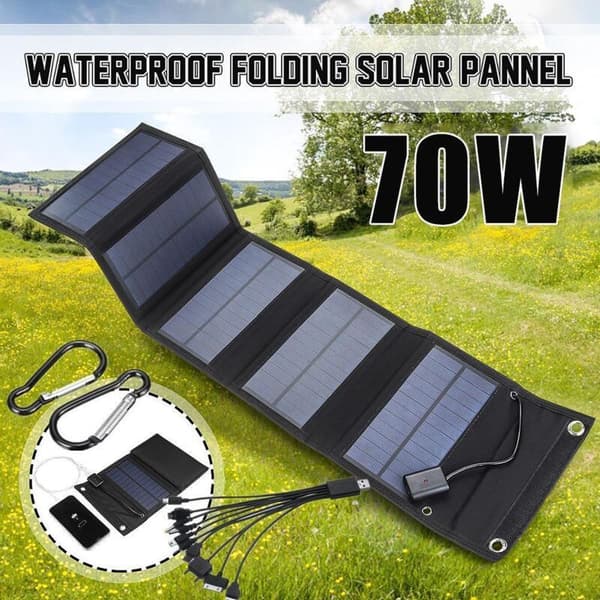 70W Foldbart Solpanel Oplader med 5V DC-udgang (10 stik) og USB-port, Bærbar Power Station--
