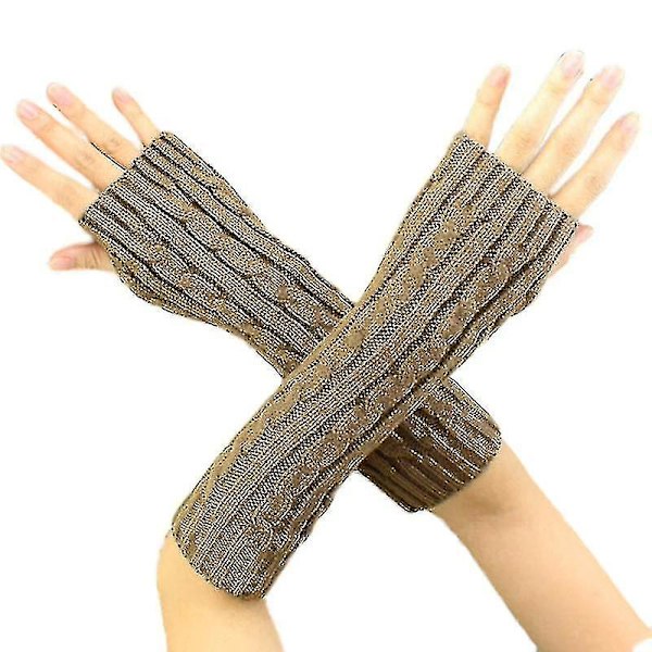 Kvinnors fingerlösa armstickade ullhandskar Vintervärmare handledsvantar Khaki