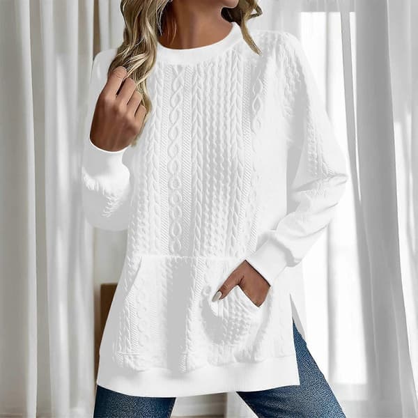 Dame Oversized Sweatshirt Afslappet Langærmet Rund Hals Tekstureret Løs Pullover Efterårsskjorte med Lommer Hvid M White M