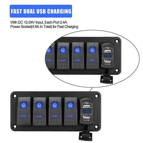 24V 12V bryterpanel 4 knapper lysbryter USB-ladere 3.0 adapter voltmeter tester tilbehør for bil marine båt campingvogn bobil Red
