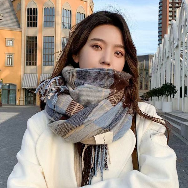 Damscarf Mode Långa sjalar Wraps Big Grid Vinter Varmt gitter Stora halsdukar（Blå）