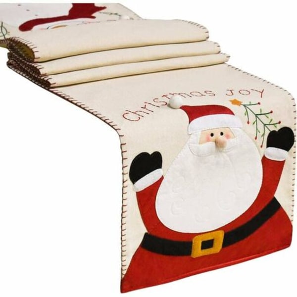 Julebordløper med julemann-snømanndesign, brodert juleglede, rustikk bordløper i bomullslerret f