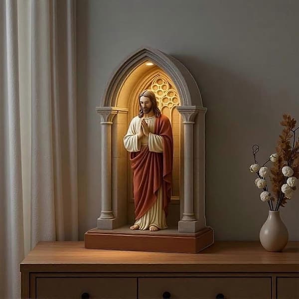Jesus LED Table Lamp with Holy Statue Religious Night Light for Home Altar Decor, Christian Catholic Devotional Gift for Christmas Easter Baptism