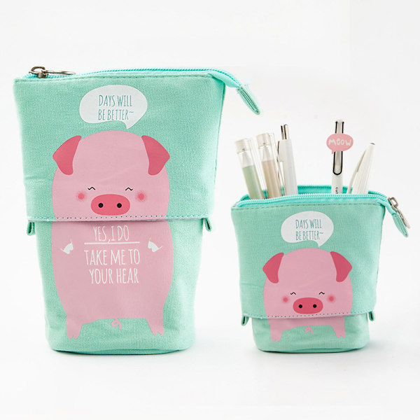 Creative uttrekkbar pennholder Cute Canvas multifunksjonelt blyantveske (rosa gris)