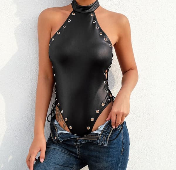 Dame PVC Læder Ærmeløs Snøre Jumpsuit[ht] M