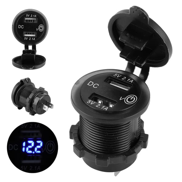 Dobbelt USB-bilopladerstik med voltmeter 12V 24V 2.1A Blå indikator