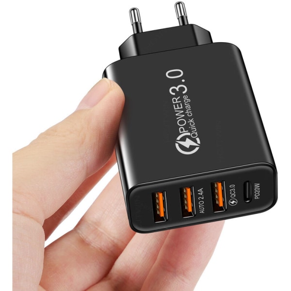 Quick Charge 3.0 USB-vegglader og USB C-kabel, QC 3.0 30W/6A 4-ports hurtigvegglader Universal Multiple USB Power Ad