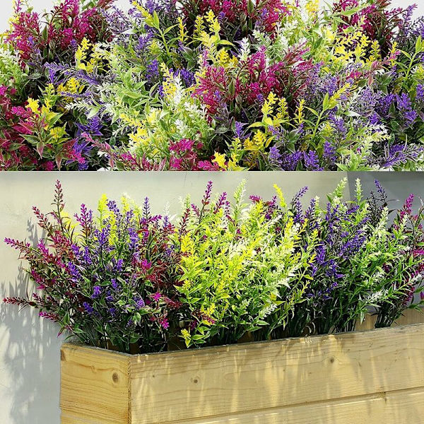 12 farver Bland og match kunstige lavendelbuske kunstige grønne lavendelblomster UV-resistente planter,