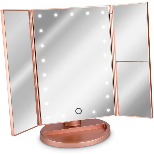 Trefoldigt oplyst makeupspejl med 21 LED-lys, berøringsskærm og 3X/2X/1X forstørrelse, makeupspejl med dobbelt strømfunktion