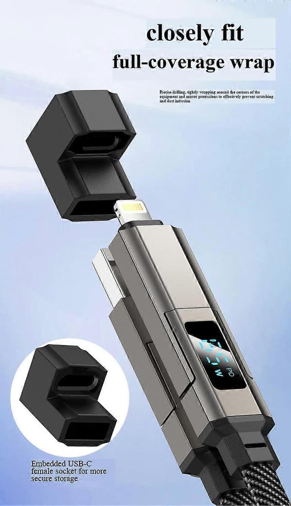 4-i-1 Nyckelring Snabbladdningskabel, 65W USB-C Flätad Nylonkabel med LED-display & Lightnings/USB C/USB A Multi Laddningskabel green