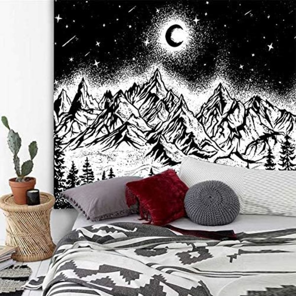 Svart och vit stjärnhimmel landskap måne landskap väggdekoration bakgrundstyg (150*200 cm kort lugg)