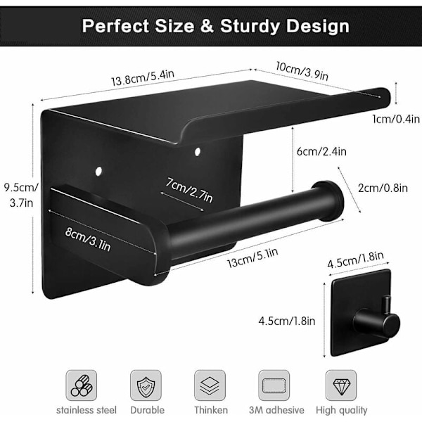 No Punching Hylle Matt Svart Toalettpapir Holder Mobiltelefon Holder Baderom Multi-Function Stand,