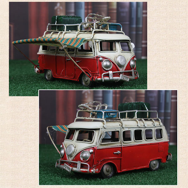 Metall Bilmodell Vintage RV Husbil Leksak Simulointi Limousine Strandbuss Heminredning För Desktop Hylla Red