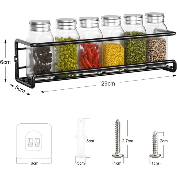 2st Svart kökskryddställ, metallkryddställ 29x6x6cm Ingen borrning, köksväggmonterad kryddhylla, köksskänk, kryddställstillbehör