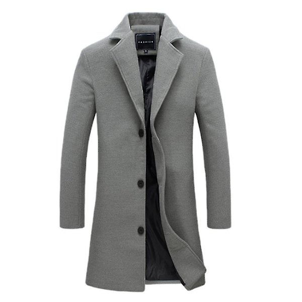 Mænd mellemlang uldfrakke Solid revers Mode Slim Fit Overfrakke L Grey