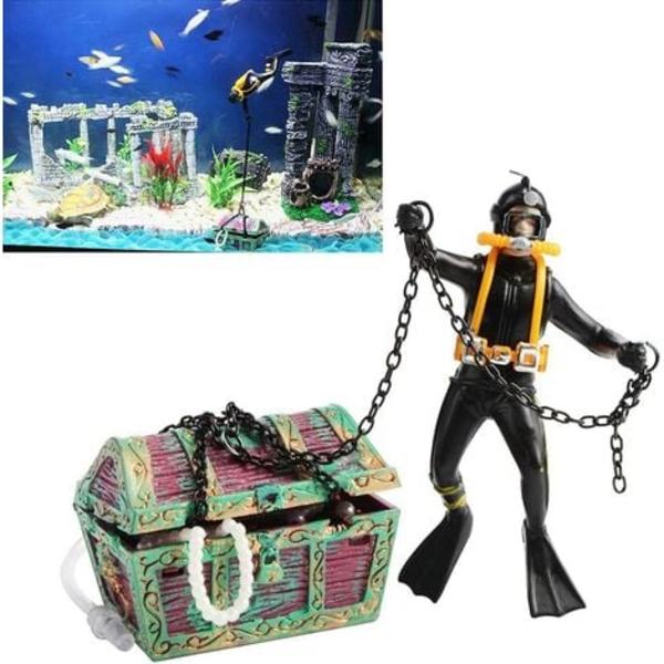 Skattejæger Ornament Akvarium Fisk Action Figur Dykker Undervandsdykker Skattekiste Sort Tank Landskabsindretning