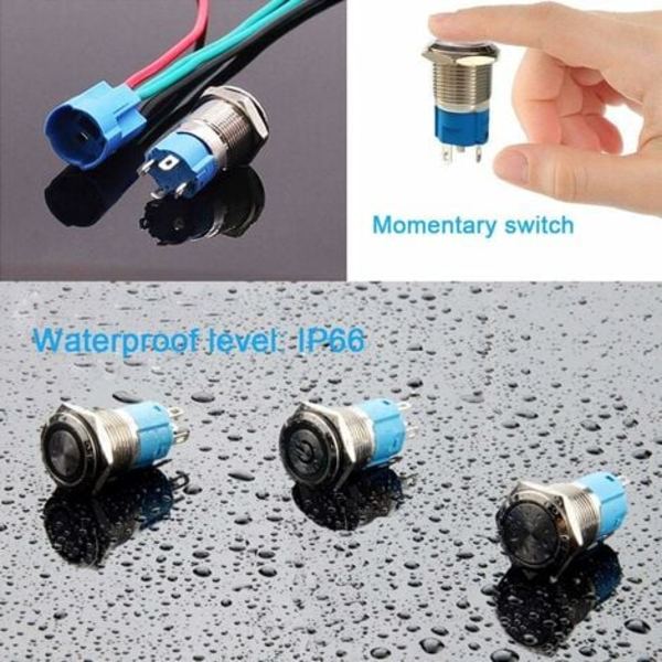 3 stk Premium 12V/24V 3A øyeblikkelig trykknappbryter, 12mm trykknappbryter, rød LED IP66 vanntett bryter med strømuttaksledning