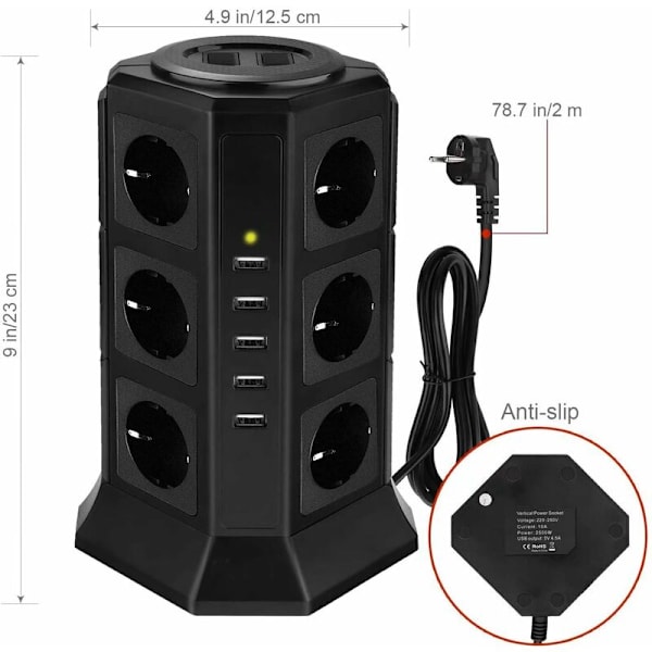 Euro Black med USB Euro 12 Bit 3 Layer 5 USB -portar Överbelastnings- och överspänningsskydd Lämplig för hem, inomhus