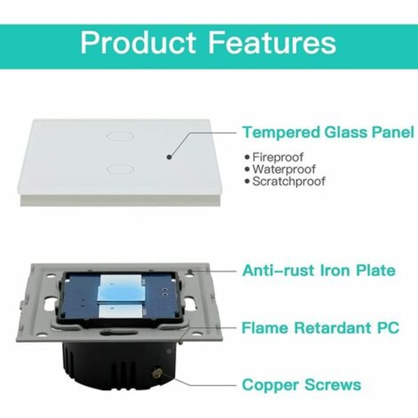 Vippebryter, Hvit 2 Gangs 2-veis lysbryter med LED-skjermlys, Taktbryter med berøringssensor Krystallglasspanel-N