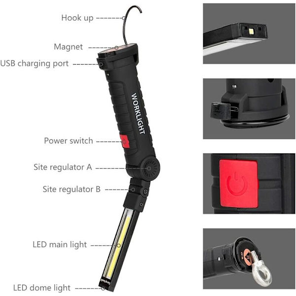 LED-arbejdslys, genopladelige COB-arbejdslygter med magnetisk base, 360 graders rotation og 5-tilstands lommelygteinspektion La