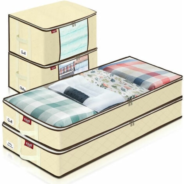 Set med 4 förvaringsväskor med dragkedjor Hopfällbar organizer för skor Kläder Täcken Sängkläder Beige