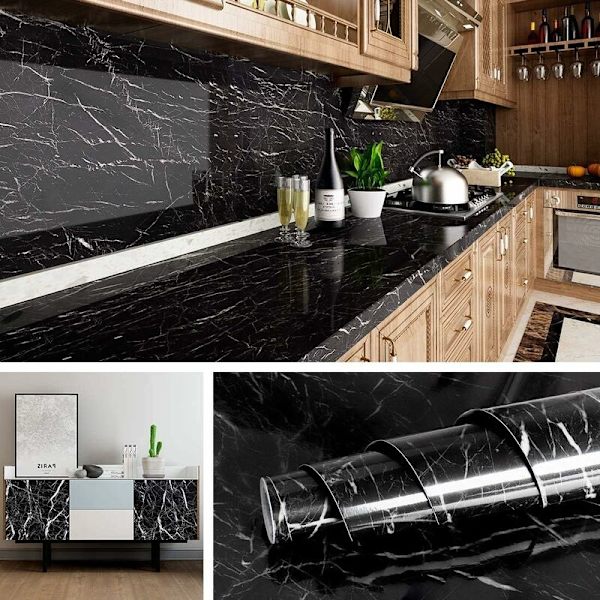 Black Marble Tapetti Peel and Stick Wallpaper 23.6&quot;&time; 197&quot; Itsekiinnittyvä irrotettava vinyyli vedenpitävä Con