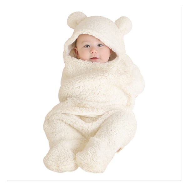 Sovepose med hette, fleeceteppe pluss, holde varmen og fleecedyne, egnet for 0-6 måneder (beige)
