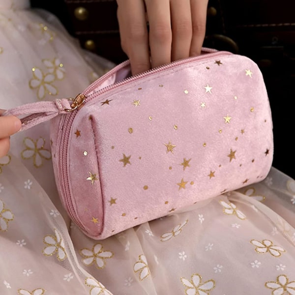 Sminkväska Velvet Golden Stars Soft Zipper Cosmetic Bag pink