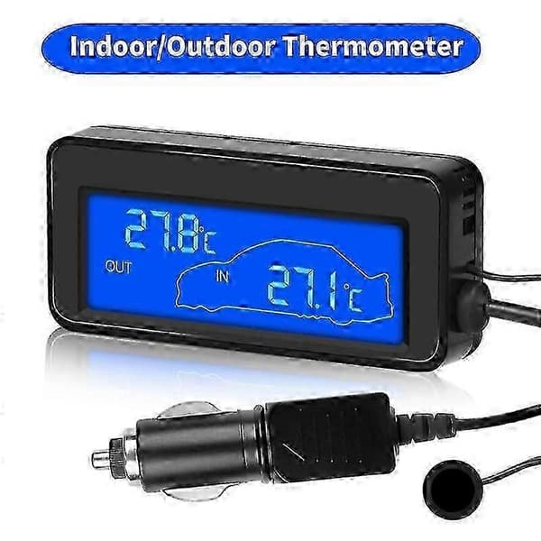 Bil innendørs/utendørs termometer med sensor Mini LCD digitalt display temperatur Auto 12V digitalt termometer praktisk med blå bakgrunnsbelysning - L