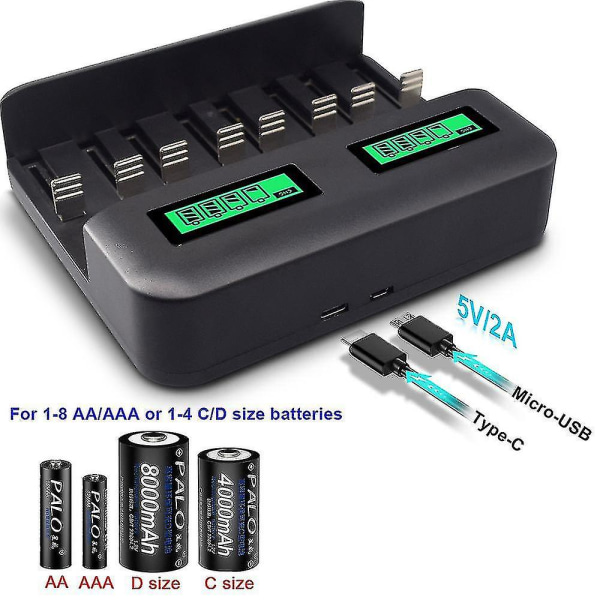 Lcd universal batterilader - 8-spors Aa/aaa/c/d lader