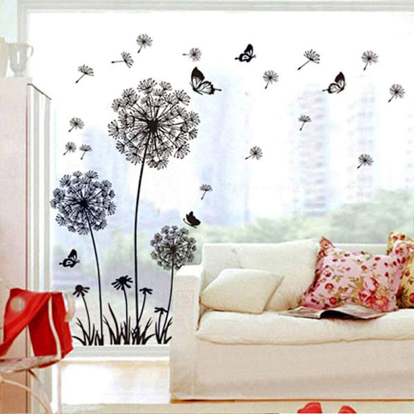 Eksplosiv sort mælkebøtte blomst miljøvenlig wallsticker sort mælkebøtte og sommerfugl flyver i vinden wallsticker,