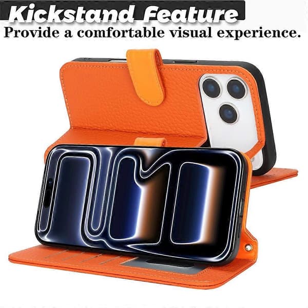 Kompatibelt för iPhone 17 Pro Ställfodral Litchi Textur Äkta Läder Plånbok Telefonfodral RFID Orange