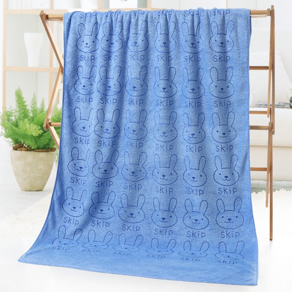 Mikrofiber badhandduk 70*140 Absorberande tecknad printed mjuk vuxen vanlig präglad badhandduk (blått kaninhuvud)