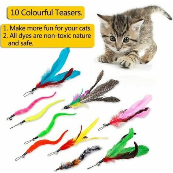 12 STK Cat Feather Toy, Stick Toy Cat Fishing Rod med 2 STK Interaktiv uttrekkbar stang, 10 STK erstatningsfjær wit