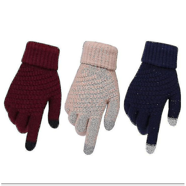 Vinter Touch Screen Handskar Tjocka Varm Stickade Stretch Handskar Imitation Wool Full Finger Outdoor Khaki color