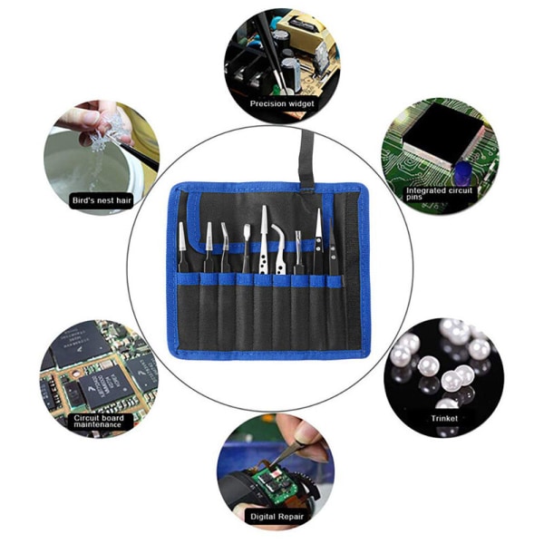 Stofpose 9-delt sæt B Stofpose 9-delt sæt rustfrit stål pincet Sharp Albue Tool