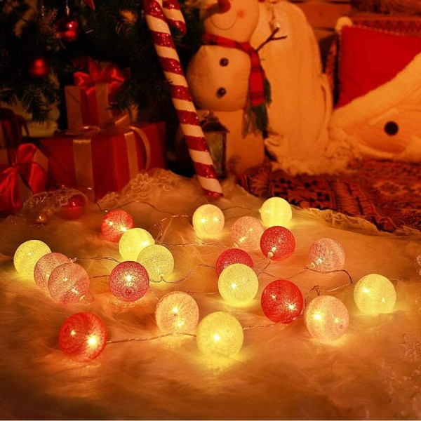 Cotton Ball String Lights, 3M 20 LED-lampor Batteridrivna String Lights Inomhusdekoration 6 cm bollar för bröllop, Vale