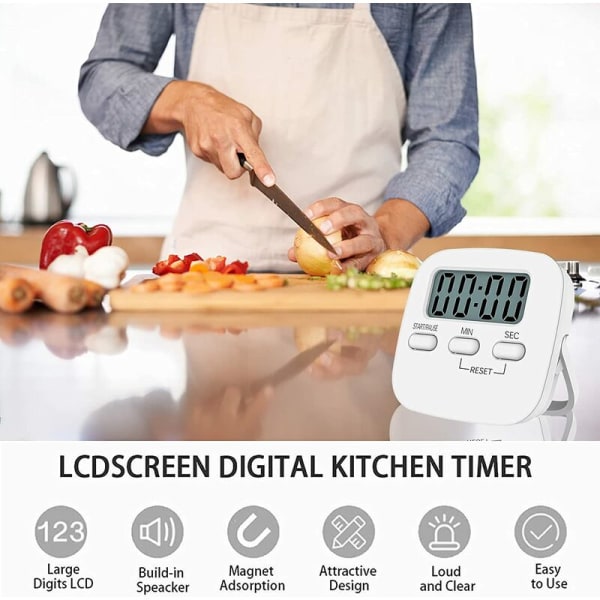 Magneettinen keittiökello isolla LCD-näytöllä, sekuntikellolla, kovaäänisellä hälytyksellä ja ajastimella, valkoinen
