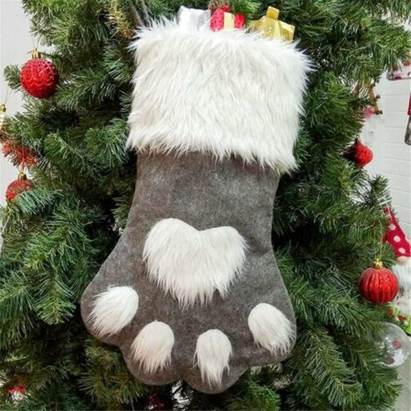 Cat Paw Dog julstrumpor, plysch hängstrumpor för semester och juldekorationer (stor/16,5 tum, vit-grå)