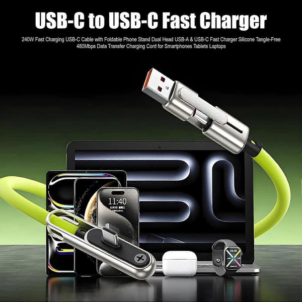 240W USB-C snabbladdningskabel – med vikbart stativ och 480 Mbps synkronisering – för bärbara datorer och surfplattor[ht] Blue