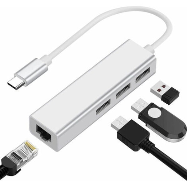 USB C til Gigabit Ethernet-adapter USB C til USB 3.0 10/100/1000 RJ 45 LAN-nettverksadapterkabel, støtter Windows 8/7/10