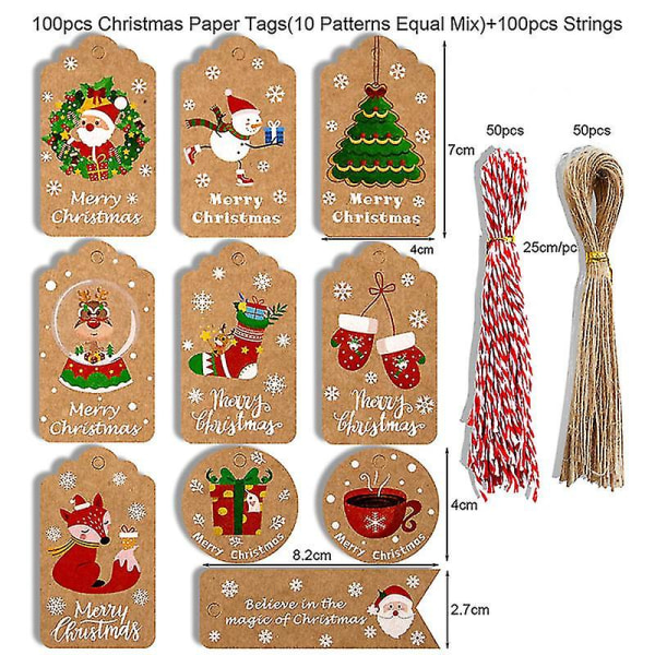 100 stk Julegave Kraft Papir Card Hang Tag Jul