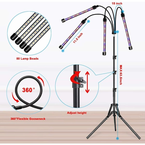 LED odlingslampor, med stativ, lämplig för inomhusväxter, 80 LED fullspektrum golvlampor, med två kontroller, 4/8/1