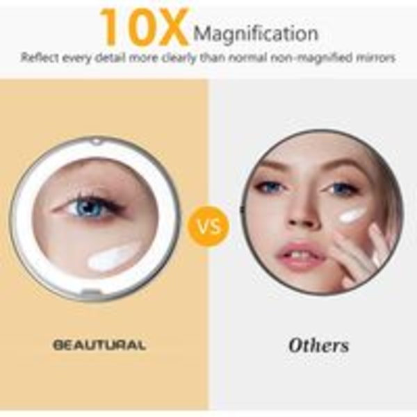 Makeup-spejl, 10x forstørrelse med dagslys hvid LED, bærbart oplyst badeværelsesspejl, 360 graders drejerotation og låsbar sugning