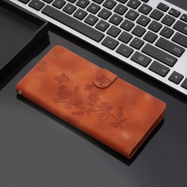 Blomsterpræget PU-etui til Xiaomi 14T Pro Brown